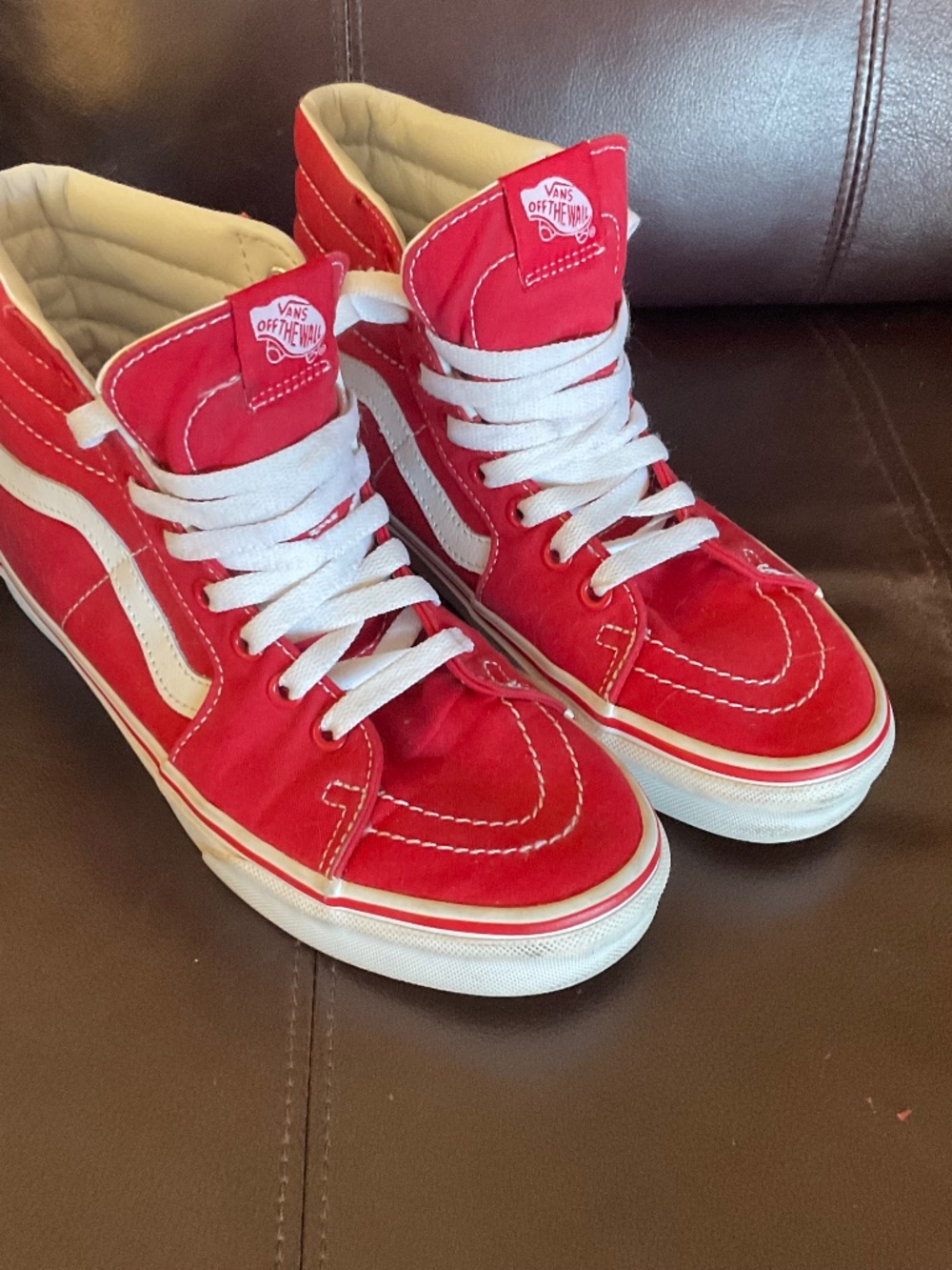VANS Red/White High Top Skate Sneakers, Sz 8 women’s or 6.5 men’s